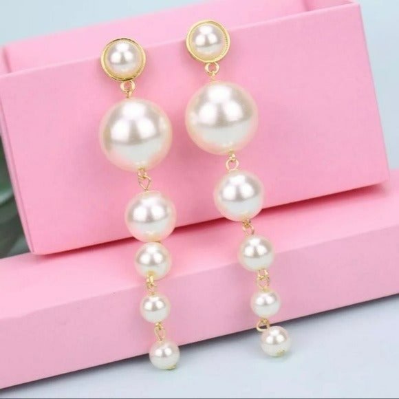 NEW Bohemian Big Faux Pearls String Dangle Long Stud Earrings 3.5” Lenght - Picture 6 of 10